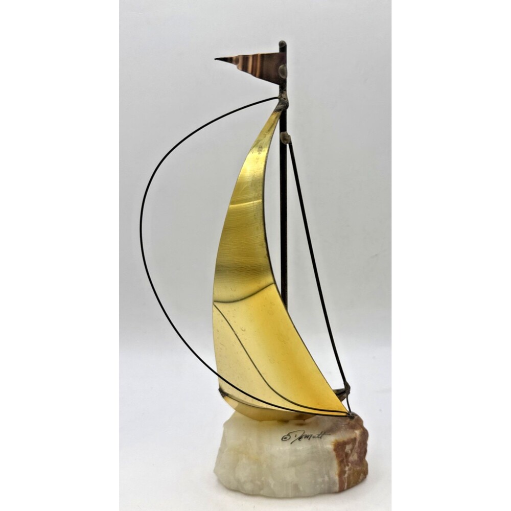 8.5" John Demott Brass Sailboat Sculpture Signed Nautical Decor Onyx Quartz Base